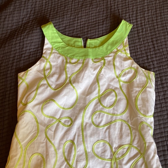 12 MAGGIE BREEN TOO LINED SHIFT DRESS WHITE LIME GREEN TRIM AND EMBROIDERY ZIP - Picture 3 of 16